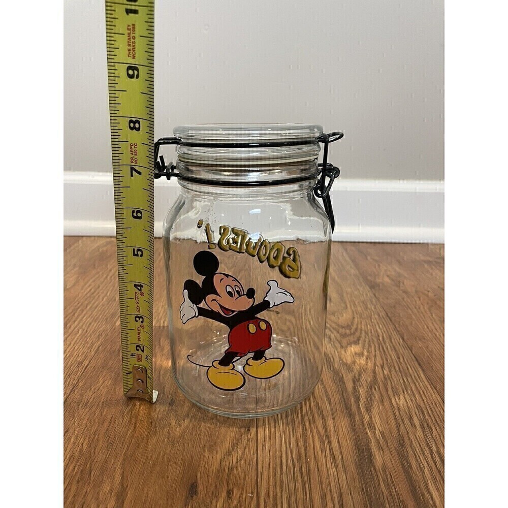 Disney Mickey Mouse Cookie Jar Anchor Hocking Glass Jar Treat Candy 8 inch VTG